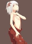  alternate_hair_length alternate_hairstyle bow breasts brown_background fujiwara_no_mokou hair_bow medium_breasts naked_suspenders pants red_eyes revealing_clothes short_hair simple_background solo suspenders topless touhou white_hair yushika 
