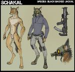  4_toes anthro balls canine clothing digitigrade english_text gas_mask hair jackal lethal_doors long_legs male mammal model_sheet muscles nipples nude paws penis plain_background ranged_weapon schakal sheath solo text toes weapon 