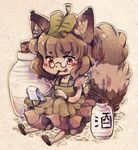  alcohol animal_ears apron brown_hair chibi futatsuiwa_mamizou glasses gourd leaf leaf_on_head mi-eau mouth_hold notepad pencil pince-nez raccoon_ears raccoon_tail red_eyes sake sitting slit_pupils tail tongue tongue_out touhou 