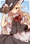  apron blonde_hair bow braid hair_ribbon hat hat_ribbon kirisame_marisa licking_lips long_hair looking_at_viewer mini-hakkero puffy_sleeves ribbon shirt short_sleeves single_braid skirt skirt_set solo tamagogayu1998 tongue tongue_out touhou very_long_hair vest waist_apron witch_hat yellow_eyes 