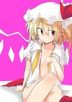 ascot blonde_hair bottomless chipa_(arutana) flandre_scarlet hat highres open_clothes open_shirt red_eyes ribbon shirt short_hair side_ponytail sketch skirt skirt_removed solo touhou wings 