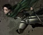  black_eyes black_hair boots cape jacket levi_(shingeki_no_kyojin) male_focus mii_(aad378) paradis_military_uniform shingeki_no_kyojin solo sword thigh_strap three-dimensional_maneuver_gear weapon 