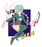  1boy 1girl annie_(skullgirls) annie_of_the_stars braid eyepatch green_hair sagan_(skullgirls) skullgirls smile star sword teeth thighhighs thighs twin_braids weapon 