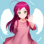  ahoge angel_wings blue_background braid character_name feathers green_eyes hataraku_maou-sama! heart long_hair red_hair shin_(world_3000) side_braid simple_background smile solo waving wings younger yusa_emi 