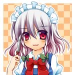  braid izayoi_sakuya knife kujou_mikuru maid maid_headdress red_eyes ribbon short_hair short_sleeves silver_hair solo touhou twin_braids 