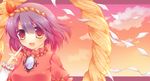  hair_ornament kujou_mikuru leaf long_sleeves maple_leaf mirror purple_hair red_eyes rope shimenawa sky solo sunset touhou yasaka_kanako 