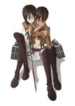  1girl bad_id bad_pixiv_id belt black_eyes black_hair blood boots brown_hair emblem eren_yeager highres hug hug_from_behind jacket mikasa_ackerman paradis_military_uniform shingeki_no_kyojin sword three-dimensional_maneuver_gear throtem weapon 