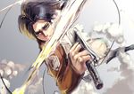  action ascot black_hair boots emblem houkagi_yuu jacket levi_(shingeki_no_kyojin) male_focus paradis_military_uniform shingeki_no_kyojin smoke solo survey_corps_(emblem) sword weapon wire yellow_eyes 