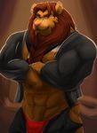  anthro biceps blue_eyes bouncer brown_fur bulge clothing crossed_arms feline fur galvinwolf grin hair lion looking_at_viewer male mammal muscles nievelion open_shirt pants pecs pink_nose pose red_hair security shirt smile solo speedo standing swimsuit toned 