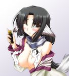  1girl animal_ears black_hair blush breasts brown_eyes bust cleavage dog_ears eruruw hair_tubes holding japanese_clothes large_breasts long_hair looking_at_viewer nipples open_clothes simple_background tail upper_body utawareru_mono white_background wink 