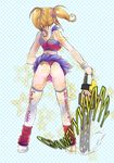  ass blonde_hair breasts chainsaw cheerleader from_behind juliet_starling large_breasts leg_warmers lollipop_chainsaw long_hair midriff panties pink_panties scrunchie skirt thighhighs thong toc underwear weapon white_legwear wind wind_lift wristband 
