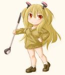  bare_legs blonde_hair chibi flats golf_club hair_ornament hand_on_hip kasuga_yukihito long_hair no_pants pangya panties red_eyes smile solo spika_(pangya) sweater underwear v-neck white_panties 