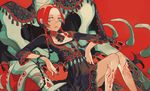  bad_id bad_pixiv_id black_dress braid clea collarbone detached_collar dress freckles long_hair long_sleeves looking_at_viewer nail_polish original red_background red_hair simple_background sitting skeleton solo tattoo throne twin_braids 