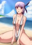  1girl ayane ayane_(doa) beach breasts dead_or_alive large_breasts ocean purple_hair sitting sling_bikini solo swimsuit tecmo ura_omo 