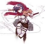  bad_id bad_pixiv_id belt black_eyes black_hair boots dual_wielding emblem holding jacket mikasa_ackerman paradis_military_uniform shingeki_no_kyojin shizumi_satou short_hair solo sword thigh_strap three-dimensional_maneuver_gear weapon 