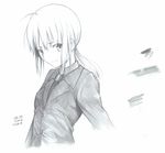  artist_name artoria_pendragon_(all) dated fate/zero fate_(series) formal graphite_(medium) greyscale long_hair monochrome necktie ponytail saber scan smile solo suit traditional_media tusia 
