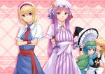  :o alice_margatroid apron backpack bad_id bad_pixiv_id bag blonde_hair blue_eyes blue_hair border bow braid breast_rest breasts capelet checkered checkered_background chiro crescent crossed_arms dress frown hair_bobbles hair_bow hair_ornament hair_pull hat hat_removed hat_ribbon headband headwear_removed hug impossible_jacket kawashiro_nitori kirisame_marisa large_breasts long_hair looking_at_viewer mob_cap multiple_girls one_eye_closed open_mouth patchouli_knowledge pink_background purple_eyes purple_hair ribbon robe sash short_hair sidelocks single_braid subterranean_animism touhou two_side_up vest waist_apron witch_hat wrist_cuffs yellow_eyes 