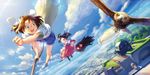  :d animal_ears bird black_hair bow broom broom_riding brown_hair cloud cojibou day dress flying green_eyes hair_bow hawk house long_hair multiple_girls open_mouth original short_hair shorts sky smile 