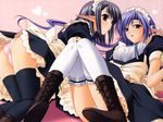  2girls :d ai_(tick!_tack!) all_fours ass bent_over black_hair black_legwear blush boots female hair_ribbon heart highres lace lace-trimmed_thighhighs looking_at_viewer maid maid_headdress multiple_girls open_mouth panties pantyshot parted_lips pink_panties pointy_ears purple_hair red_eyes ribbon sage_(tick!_tack!) shuffle! sitting smile striped striped_panties suzuhira_hiro thighhighs underwear white_legwear 
