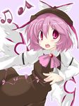  :d arm_garter ase_(nigesapo) bow bowtie brown_dress dress highres music musical_note mystia_lorelei open_mouth pink_eyes pink_hair short_hair simple_background singing smile solo touhou wings 