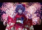  absurdres bangs blush fireworks floral_print flower full-face_blush hair_flower hair_ornament highres japanese_clothes kanzashi kimono kuroya_shinobu letterboxed long_hair long_sleeves looking_at_viewer non-web_source obi original outstretched_arms purple_eyes purple_hair sash scan sleeves_past_wrists smile solo spread_arms tsumami_kanzashi two_side_up wide_sleeves 