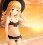  bad_id bad_pixiv_id beach bikini black_bikini black_hat blonde_hair blue_eyes breasts collarbone cowboy_shot duel_monster fire_sorcerer frilled_bikini frills groin hat highres komimiyako long_hair looking_at_viewer navel outdoors shiny shiny_skin small_breasts solo swimsuit yuu-gi-ou 