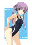  character_request competition_swimsuit copyright_request dasoku_sentarou facial_mark forehead_mark glasses long_hair one-piece_swimsuit purple_eyes purple_hair solo swimsuit twintails 