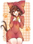  animal_costume animal_ears bad_id bad_pixiv_id blush brown_eyes brown_hair cat_costume cat_ears cat_tail chako_(chakoxxx) chen highres multiple_tails open_mouth short_hair solo tail touhou 