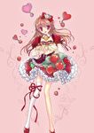  bad_id bad_pixiv_id bow brooch brown_hair detached_collar food fruit hair_bow heart highres jewelry open_mouth original puffy_sleeves red_eyes red_skirt shisaki_tayu single_thighhigh skirt smile solo strawberry thighhighs 