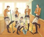  4boys auruo_bossard boots bucket bucket_of_water cleaning cleaning_brush emblem erd_gin eren_yeager grin gunter_shulz jacket mop multiple_boys paradis_military_uniform petra_ral rag rug_beater shingeki_no_kyojin smile survey_corps_(emblem) three-dimensional_maneuver_gear yappo_(point71) 