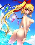  ass bad_id bad_pixiv_id blonde_hair blue_sky blush bow breasts cloud day dutch_angle flandre_scarlet hair_bow large_breasts lens_flare long_hair looking_back matarou_(genkai_toppa) nipples nude ocean older red_eyes side_ponytail skinny_dipping sky solo teenage touhou very_long_hair wading water wings 