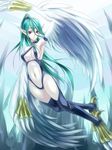  1girl arm_up armpits bare_shoulders breasts circlet claws duel_monster female flying green_hair hair_between_eyes halterneck harpie harpie_queen harpy highres jewelry legs light_smile long_hair looking_at_viewer midriff monster_girl mound_of_venus navel pale_skin pointy_ears ponytail purple_eyes solo spikes sukumo_(kemutai) talons thighs wings yu-gi-oh! yuu-gi-ou_duel_monsters 