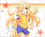  ;) blonde_hair blue_eyes fusion hairband inazuma_eleven_(series) inazuma_eleven_go inazuma_eleven_go_chrono_stone lightning_bolt long_hair low-tied_long_hair nanobana_kinako nanobana_kinako_(mixi_max_master_dragon) one_eye_closed raimon raimon_soccer_uniform smile soccer_uniform solo sportswear star very_long_hair yuui1994 