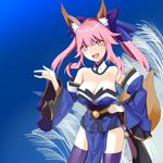  \m/ animal_ears bare_shoulders blue_legwear bow breasts cleavage collar detached_sleeves fang fate/extra fate_(series) fox_ears fox_tail hair_bow hair_ribbon hand_on_hip japanese_clothes large_breasts obi open_mouth pink_hair ribbon robina sash smile solo tail tamamo_(fate)_(all) tamamo_no_mae_(fate) thighhighs twintails yellow_eyes 