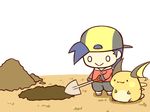  :&gt; :3 cafe_(chuu_no_ouchi) chibi digging dirt full_body gen_1_pokemon gold_(pokemon) hole pokemon pokemon_(creature) raichu shovel tail 