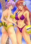  2girls animal_ears annon_(wtvt) ayane ayane_(doa) ball beach bikini breasts cleavage copyright_name dead_or_alive dead_or_alive_xtreme_beach_volleyball highres kasumi kasumi_(doa) large_breasts long_hair multiple_girls ocean orange_eyes orange_hair pink_eyes purple_hair short_hair siblings sisters smile swimsuit tail tecmo volleyball 