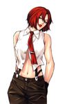 bare_shoulders blue_eyes gloves head_tilt lipstick makeup mature midriff nakano_tomokazu necktie official_art open_clothes open_shirt red_hair shirt short_hair solo suspenders the_king_of_fighters the_king_of_fighters_neowave vanessa_(king_of_fighters) 