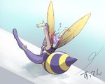  antennae bee_girl breasts flying hpa_(foolish_factory) insect_girl large_breasts monster_girl pantyhose purple_hair q-bee short_hair solo vampire_(game) wings 