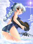  aircraft airplane ass blush bow braid breasts brown_eyes bullpup full_metal_panic! gun hair_ornament harrier_jump_jet hase_yu lens_flare long_hair military one-piece_swimsuit p90 perky_breasts ribbon school_swimsuit silver_hair single_braid small_breasts smile solo submachine_gun swimsuit teletha_testarossa thigh_gap trigger_discipline wading weapon 