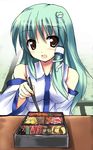  chopsticks detached_sleeves eating green_hair kochiya_sanae long_hair obentou ryokushiki_(midori-ya) solo touhou 