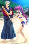  1girl absurdres barefoot baseball_bat beach bikini blue_eyes day feet hair_bobbles hair_ornament highres jacket japanese_clothes little_busters! miyazawa_kengo mutsuki_(moonknives) outdoors ponytail purple_hair saigusa_haruka side-tie_bikini swimsuit 