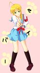  artoria_pendragon_(all) bad_id bad_pixiv_id blonde_hair cosplay fate/stay_night fate_(series) green_eyes kawatan kita_high_school_uniform saber school_uniform serafuku solo suzumiya_haruhi suzumiya_haruhi_(cosplay) suzumiya_haruhi_no_yuuutsu 