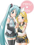  aqua_eyes aqua_hair blonde_hair blue_eyes bow detached_sleeves hair_ornament hairclip hatsune_miku headset holding_hands kagamine_rin long_hair midriff multiple_girls one_eye_closed short_hair shorts skirt thighhighs twintails vocaloid youta_(asatsukidou) zettai_ryouiki 