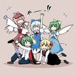  &gt;_&lt; /\/\/\ 5girls :d ^_^ animal_ears antennae black_dress blonde_hair blue_dress blue_hair bow brown_legwear cape cirno closed_eyes daiyousei dress green_eyes green_hair hair_bow hair_ribbon hat multiple_girls mystia_lorelei necktie open_mouth pink_hair ponytail red_eyes ribbon rokunen rumia short_hair smile team_9 touhou wings wriggle_nightbug xd 