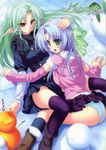  absurdres alicia_infans blue_panties boots cecile_absentia green_eyes green_hair highres kneehighs magus_tale multiple_girls no_panties panties pointy_ears purple_hair red_eyes snow socks tenmaso thighhighs underwear 