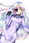  black_eyepatch black_gloves bodysuit cinque_(nanoha) covered_navel eyepatch flat_chest gloves jin_nai long_hair lyrical_nanoha mahou_shoujo_lyrical_nanoha_strikers numbers'_uniform numbers_(nanoha) parted_lips purple_bodysuit signature silver_hair solo yellow_eyes 