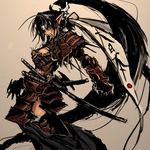  armor black_hair copyright_request headband japanese_armor katana kote kusazuri long_hair moto_murabito naked_armor pointy_ears ponytail rising_sun samurai sheath sheathed shoulder_armor sode solo sunburst sword traditional_media very_long_hair weapon 