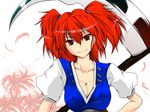  babel99 breasts highres large_breasts onozuka_komachi red_eyes red_hair scythe smile solo touhou two_side_up 