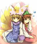  animal_ears blonde_hair brown_hair bubble cat_tail chen fox_tail hat long_sleeves multiple_girls multiple_tails one_eye_closed pillow_hat red_eyes short_hair tail touhou tsunono wide_sleeves yakumo_ran yellow_eyes 