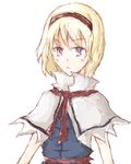  alice_margatroid blonde_hair blue_dress blue_eyes blush buttons capelet dress en_(engawa) looking_at_viewer simple_background solo touhou white_background white_capelet 